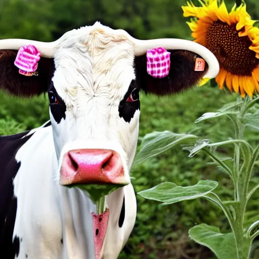 Prompt: a southern belle cow with a black and white bow on head, sunflower background, 4k, rustic colors, country style