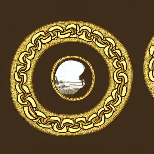 Prompt: A chain of three linked gold circles in a Victorian study, Concept art for a video game