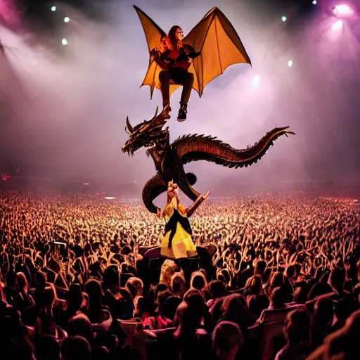 Prompt: Sigrid riding on the back of a dragon flying above an audience.