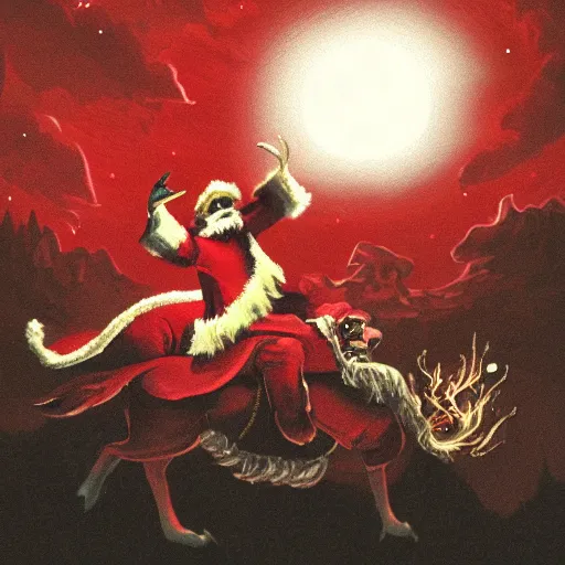 Image similar to evil santa claus rides his fiery chariot through the night sky being led by demonic reindeer