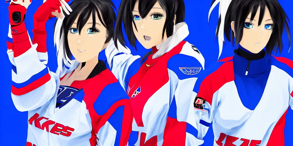 Prompt: females akira anime cyberpunk super star ice hockey players, wearing a light futuristic habs jersey, blue white and red color blocking, character concept exploration, outfit designs, trending on artstation, photorealistic, 8k