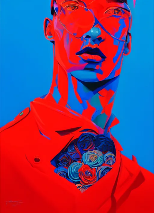 Prompt: red and blue color theme, beautiful hyperrealisitic portrait of burning police officer, tristan eaton, victo ngai, artgerm, rhads, ross draws
