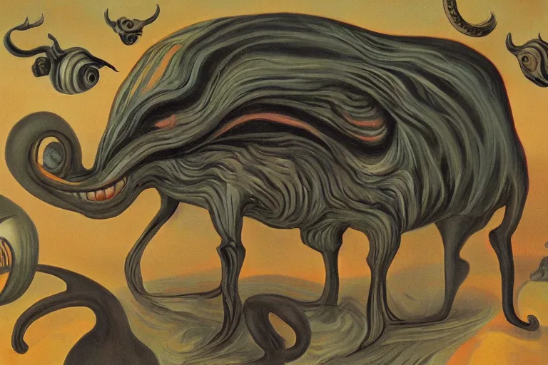 Prompt: a painting of a strange looking creature with a mustache, a surrealist painting by charles e. burchfield, trending on deviantart, pop surrealism, apocalypse landscape, dystopian art, surrealist