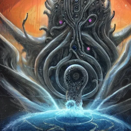 Prompt: yog sothoth devouring a spaceship, concept art, scary, cosmic horror, lovecraftian, deep space