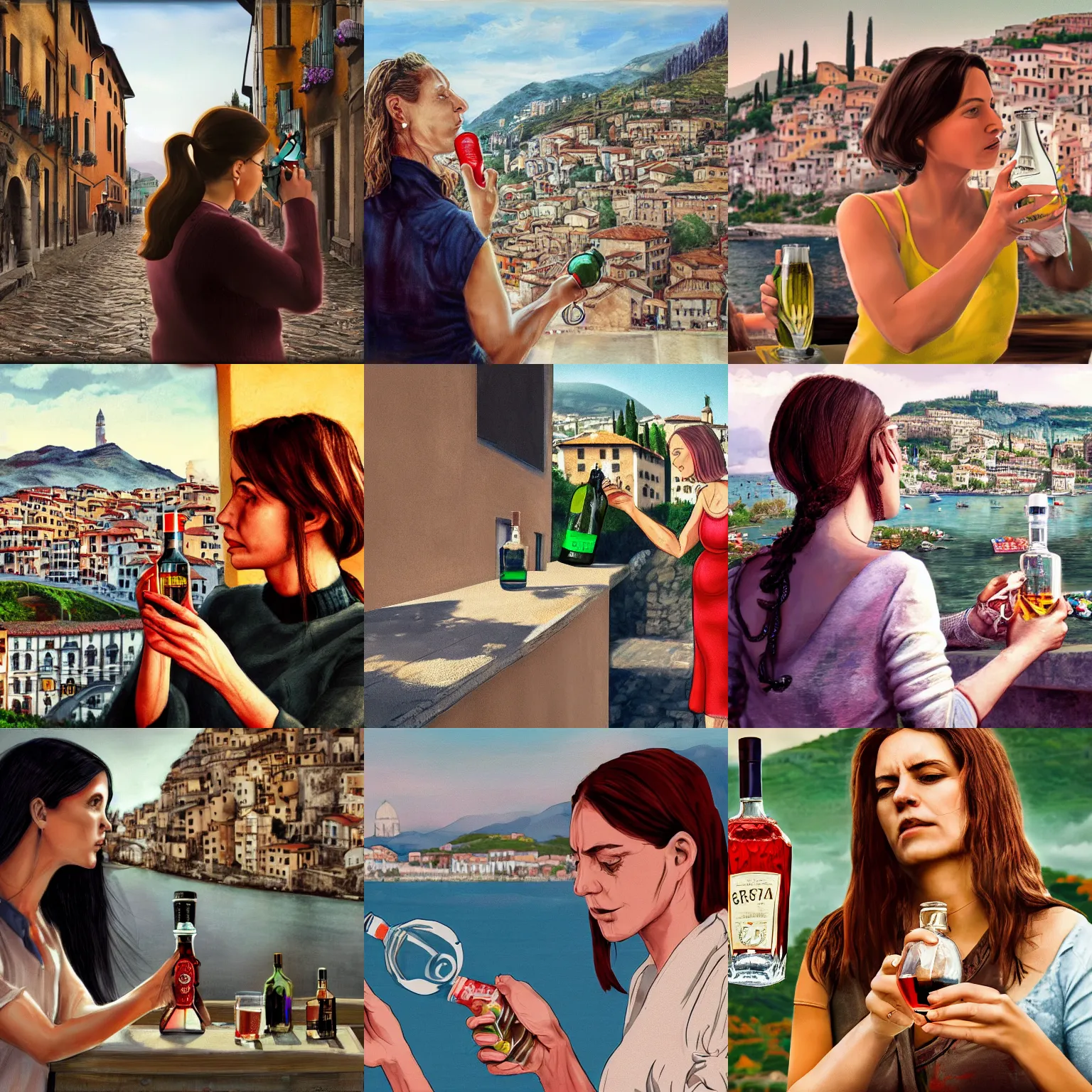 Prompt: a woman looking at a bottle of grappa, disgusted, italian village in the background, realistic, highly detailed, digital art, trending on artstation, colored photo