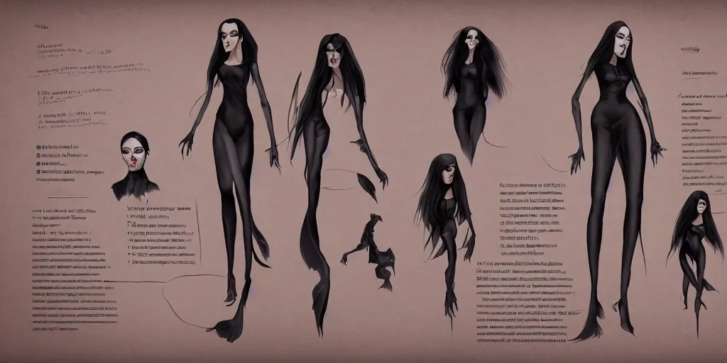 Image similar to morticia addams, character sheet, concept design, contrast, kim jung gi, greg rutkowski, zabrocki, karlkka, jayison devadas, trending on artstation, 8 k, ultra wide angle, pincushion lens effect