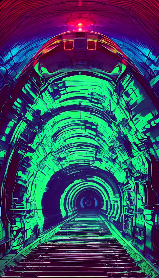 Prompt: a train driving through a psychedelic tunnel, by beeple,