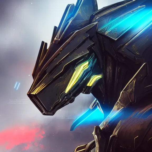 Image similar to cinematic shot, 35 foot tall stunning quadrupedal mecha dragon, sharp edged black armor, shining gold accents around the edges, sleek OLED blue visor for eyes, four legs, walking in busy neon city streets, sharp claws, epic shot, highly detailed art, sci fi, furry, 3D realistic, warframe fanart, destiny fanart, furry art, dragon art, feral art, macro art, furaffinity, DeviantArt, sofurry