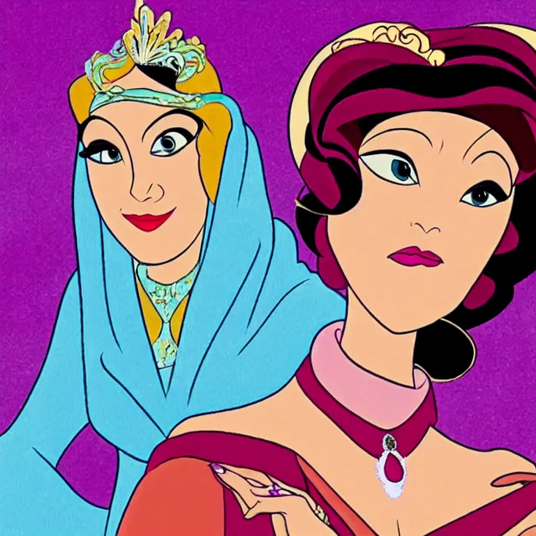 Prompt: Norma Desmond as a Disney Princess, in the style of a colorful Disney cartoon