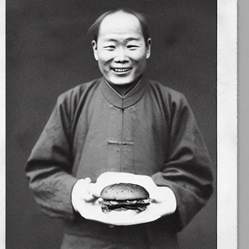 Prompt: a photo of a happy man from qing empire holding a hamburger, award winning photo, high quality, 1 9 th century photo, highly detailed, black and white