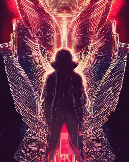 Image similar to white arc - angel with mystic robotic wings, blade runner, akira, ghost in the shell, 2 0 7 7, style of laurie greasley and satoshi kon + symmetric lights and smoke, psychedelic effects, glowing particles, neon rain, glowing runes, de - noise, symmetrical composition, high detailed + tarot card, ornate border, 8 k,