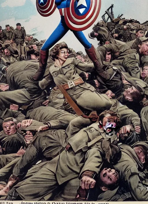 Image similar to female captain america standing on a pile of defeated german soldiers. female captain america wins wwii. american wwii propaganda poster by james gurney. ve day