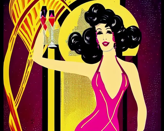 Prompt: teenage cher dancing in art deco style, champagne commercial, artstation, illustration, bright, cheerful, detailed and intricate environment