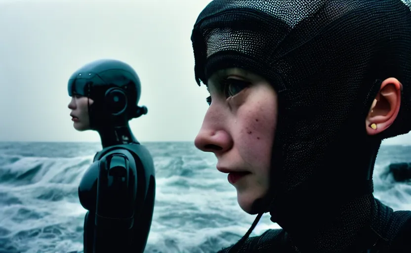 Image similar to cinestill 5 0 d candid photographic portrait by helen levitt of two loving female androids wearing rugged black mesh techwear in treacherous waters, extreme closeup, modern cyberpunk moody emotional cinematic, hurricane, 8 k, hd, high resolution, 3 5 mm, f / 3 2, ultra realistic faces, ex machina