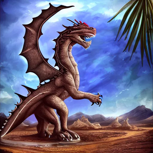 Image similar to a huge dragon stands in a desert drinking river water digital art