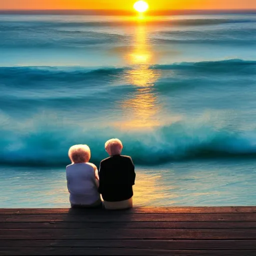 Prompt: an old man and old woman celebrate their anniversary and life watching the sunrise over the sea, digital art, 4 k, - n 9