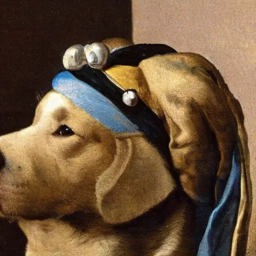Prompt: Dog with a pearl earring, by Johannes Vermeer, 8k