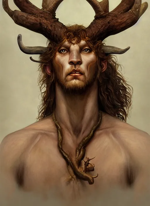 Image similar to a fantasy character portrait of a faun, a humanioid creature of the forest, an old pagan god designed by guillermo del toro, symmetry, highly detailed digital painting, trending on artstation, art by edmund blair leighton and phil hale and ilya repin and charlie bowater