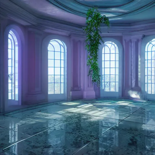 Image similar to vaporwave mansion, liminal space, high detail, rendered in unreal engine, 3d render, god rays, volumetric lighting, large windows