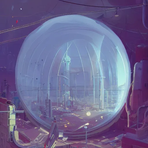Prompt: A city trapped in a giant transparent dome, bubbles, science fiction, smooth, cinematic lighting, insanely detailed, artstation, cgsociety, painted by Simon Stalenhag, concept art, illustration, sharp focus,