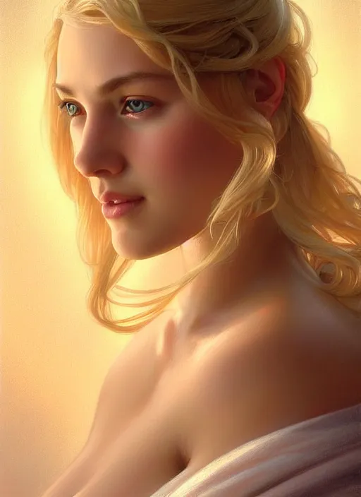 Image similar to beautiful feminine face!! portrait of young wife blessed by god with ever - increasing physical mental perfection, blonde, symmetrical! intricate, sensual features, highly detailed, divine holy perfection!! smile, digital painting, artstation, concept art, smooth, sharp focus, illustration, art by artgerm and greg rutkowski and alphonse mucha