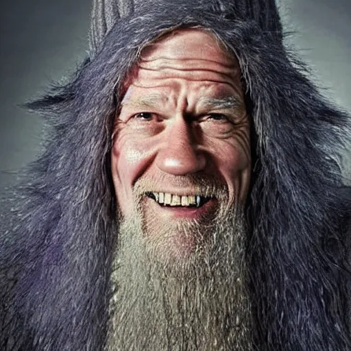 Prompt: john cena as an old druid wizard, bald, bushy grey eyebrows, long grey hair, disheveled, wise old man, wearing a grey wizard hat, wearing a purple detailed coat, a bushy grey beard, sorcerer, he is a mad old man, laughing and yelling