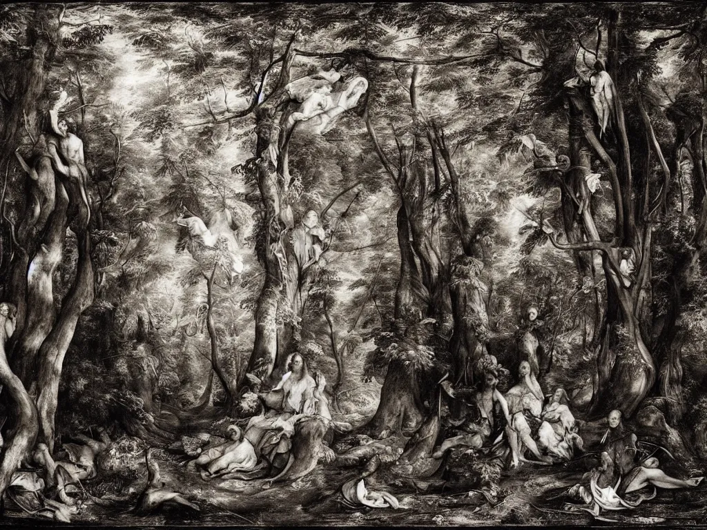 Image similar to illustration of forest, by anthony van dyck, artstation, by aubrey beardsley, by ben enwonwu, by caspar david friedrich, by hieronymus bosch, by ivan shishkin, calligraphy, divine, paradox, array, translucent, lace, mycelium, as symbol of a soul journey