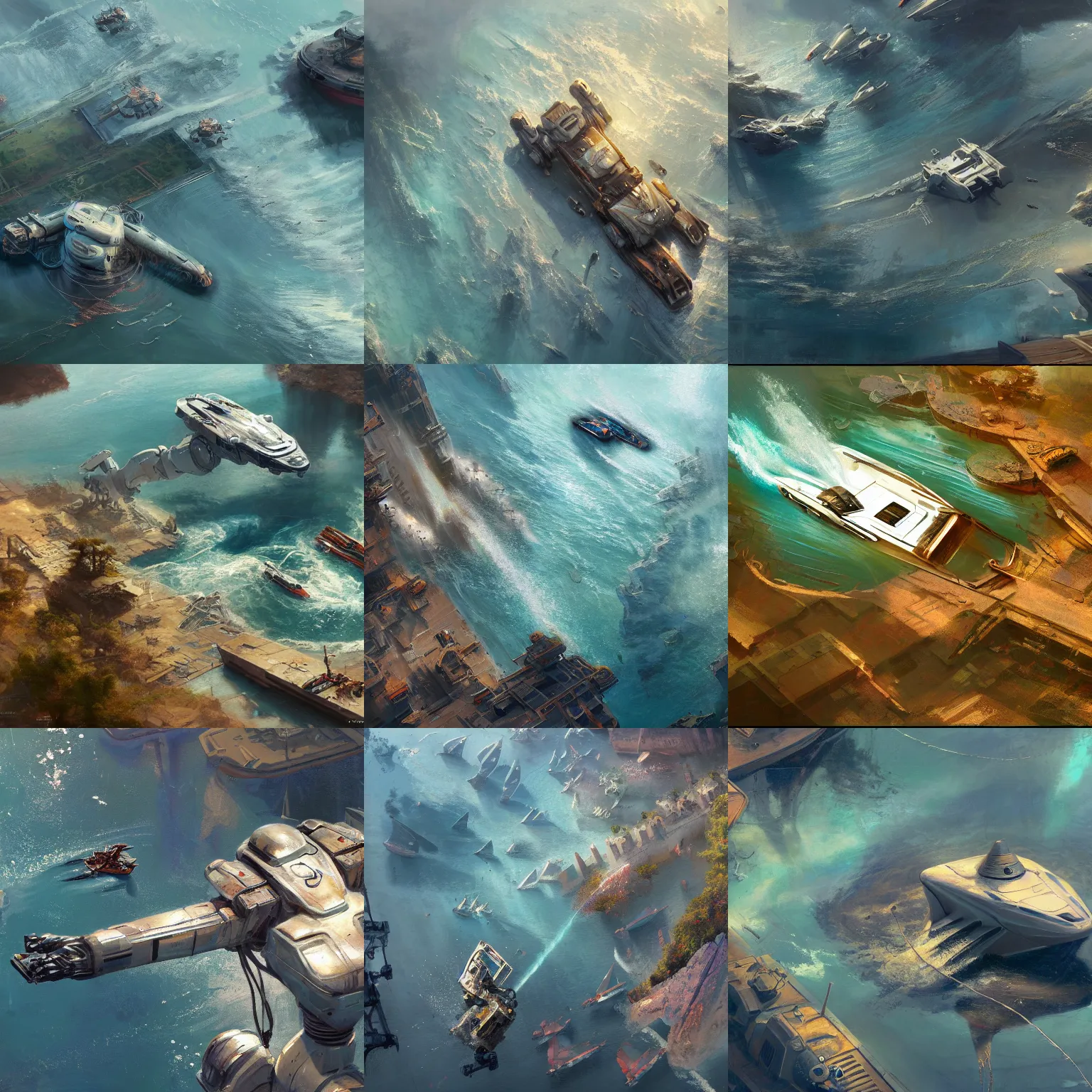 Prompt: an aerial view of a body of water with a large scale robot in it and a small boat, a detailed matte painting by craig mullins, artstation contest winner, action painting, reimagined by industrial light and magic, artstation hd, concept art