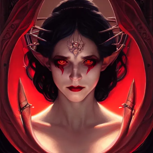 Image similar to Portrait of jovial female tiefling sorceress, D&D, red eyes, face, short black hair, fantasy, intricate, elegant, highly detailed, digital painting, artstation, concept art, smooth, sharp focus, illustration, art by artgerm and greg rutkowski and alphonse mucha