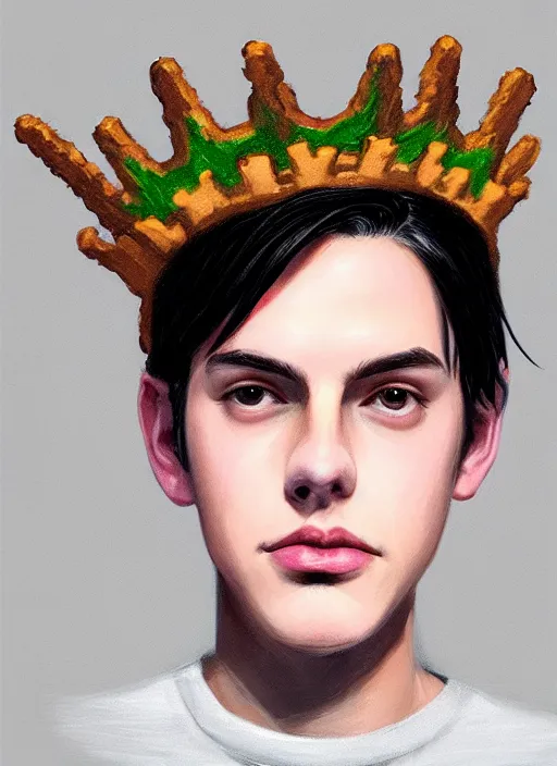 Image similar to portrait of teenage jughead jones wearing a light grey crown, photorealistic, crown, sweater with letter s on it, hamburger, eyes closed, crown, black hair, intricate, elegant, glowing lights, highly detailed, digital painting, artstation, concept art, smooth, sharp focus, illustration, art by wlop, mars ravelo and greg rutkowski