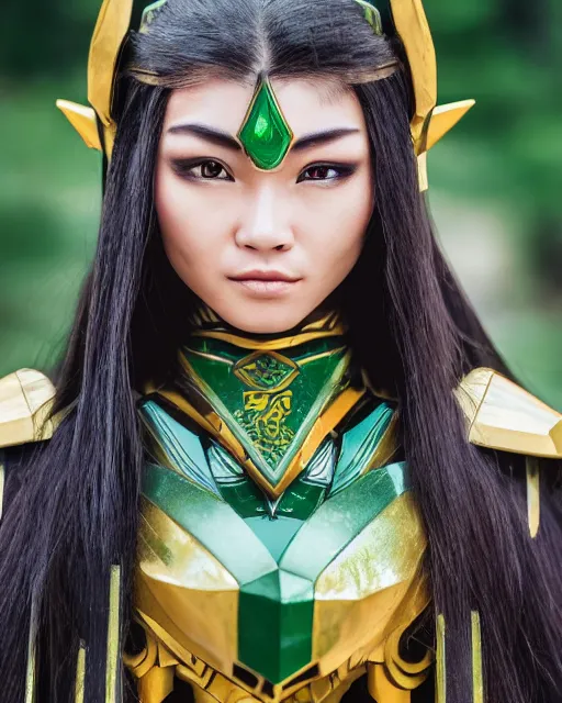 Image similar to a beautiful close up photo of a female Asian elf ranger with long hair and green eyes, no helmet, wearing green and gold futuristic mecha armor, with ornate rune carvings and glowing lining, very detailed, shot in canon 50mm f/1.2