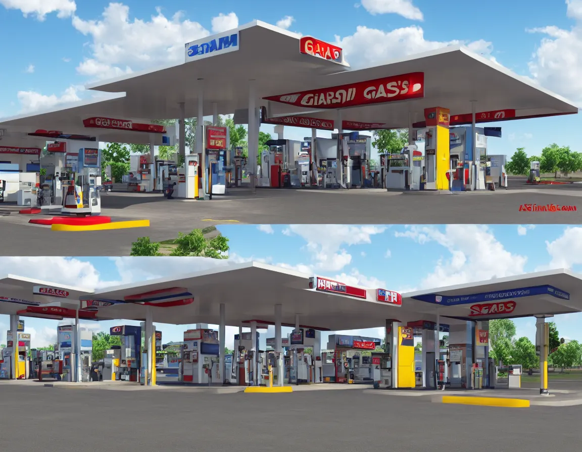 Image similar to hyper realistic 3 d rendering of gas station isolated on white background, hd, hdr, ultra detailed, high resolution