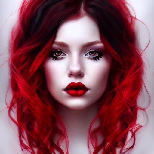 Prompt: a realistic illustration portrait of a beautiful kendrasunderland with curly black and red hair, black eyeliner, trending on artstation, hyper - realistic lighting, intricate, ross tran