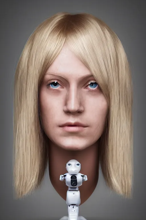 Image similar to robot with human face, female head, full body angle, woman human face, human face realistic, beautiful blonde hair, human head, human head with blonde hair, blonde hair human head, blonde hair, human realistic face, human head skin, cyborg frame concept, cyborg by ales-kotnik, sci-fi android female, the body is made of wires, robotic body, cyborg body, cyborg bust body, robot body cyborg, full body