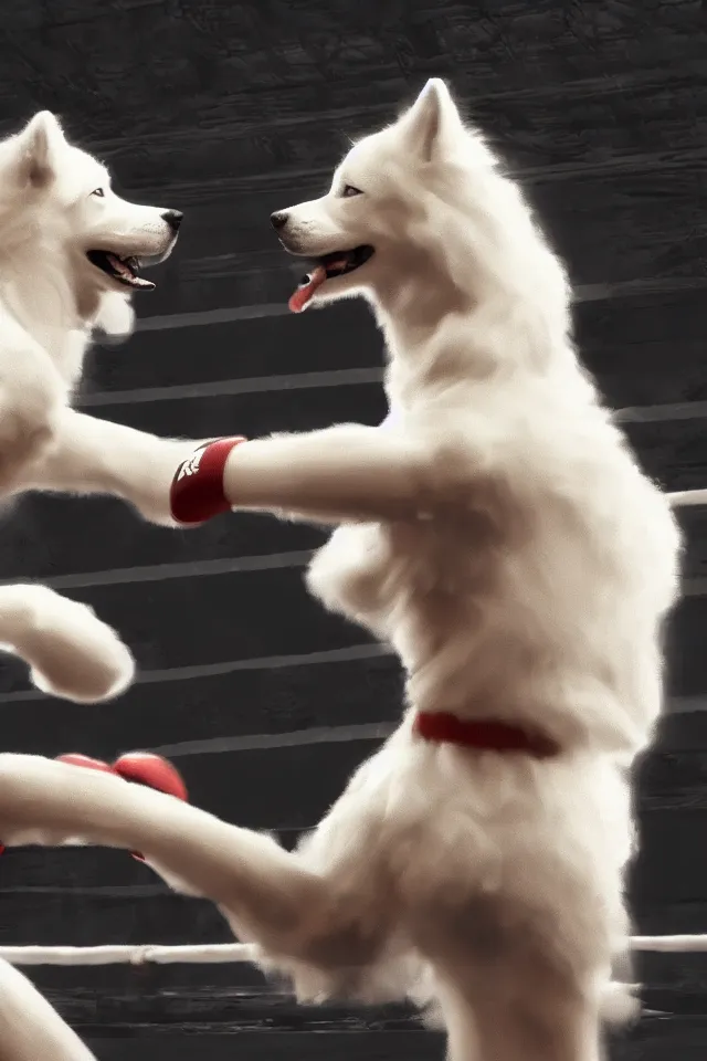 Prompt: samoyed dog competing in muay thai kickboxing fight, photorealistic, 4k, dramatic and cinematic