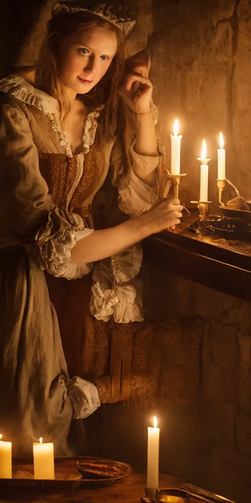 Image similar to young attractive beautiful scandinavian woman wearing 1 8 th century stay in a medieval tavern at night with candles, wow 4 k detail fantasy, matte painting, realistic materials, photo realistic, postprocessing, cinematic, hyperrealistic, studio lighting, ekaterina, the tudors, photography by richard jenkins