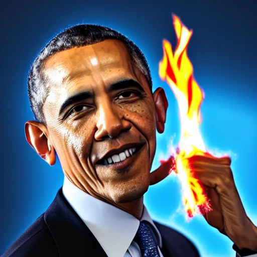 Image similar to Obama has a blue fire engulfing above his hand, Obama is smiling towards the viewer, 40nm lens, 4k,