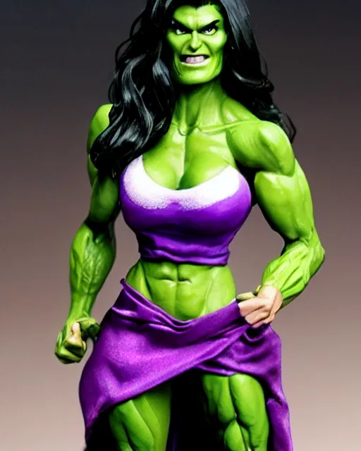Prompt: cu of angie harmon as the sensational she hulk, she is wearing a silk lace white top and a purple skirt, she is tall, very fit and extremely muscular, she has green skin all over her body, long black shiny hair, hyperreal, highly detailed, in the style of sideshow collectibles, the hulk, marvel, soft focus, bokeh