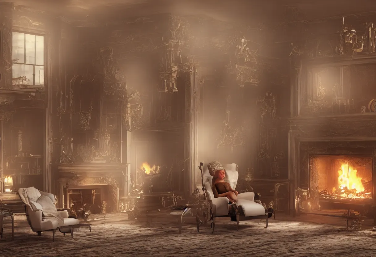 Prompt: Future Robot sitting in a big puffy recliner in front of a large fireplace in a Victorian home in the future, octane render