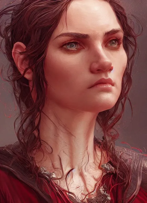 Image similar to portrait of a ruggedly handsome female cleric, soft hair, close - up face, leather, witchy, d & d, fantasy, intricate, elegant, highly detailed, digital painting, artstation, concept art, smooth, sharp focus, illustration, art by artgerm and greg rutkowski and alphonse mucha, plain red background