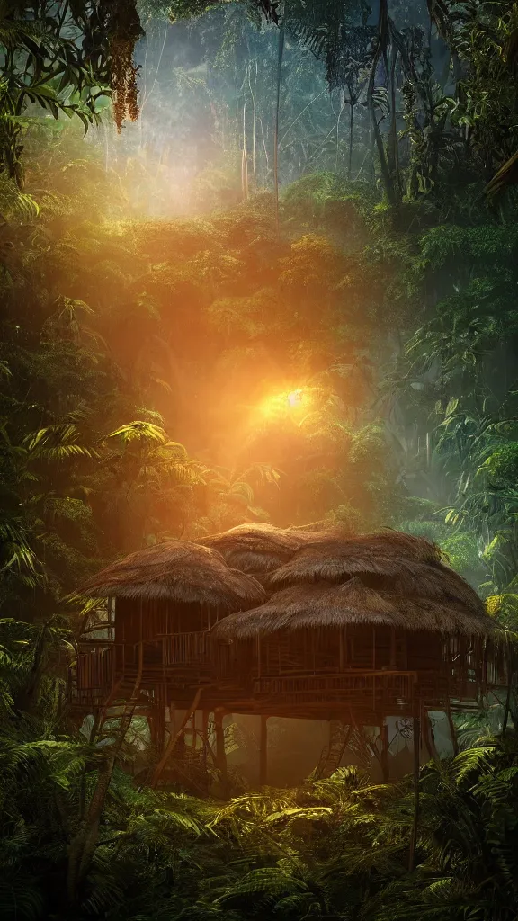 Prompt: beautiful wooden multi story hut in jungle, glowing hut, volumetric dramatic light, dark jungle background, sharp focus, highly realistic, octane render, art by greg rutsowski