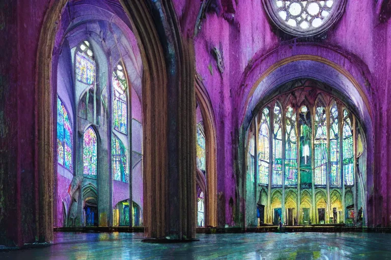 Image similar to abandoned 9 0 s cathedral interior with large organic circular windows, rain like a dream, oil painting, cinematic, dramatic, volumetric lighting, cyberpunk, basquiat + francis bacon + gustav klimt + beeple, elevated street art, fantasy lut, textural, pink, blue, purple, green,