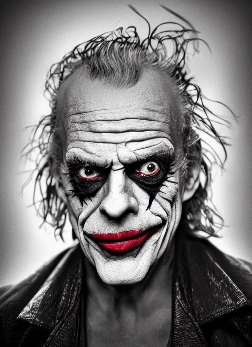 Prompt: photo of Christopher Lloyd as the Joker by Eolo Perfido and Lee Jeffries, smile, head shot, detailed, award winning, Sony a7R