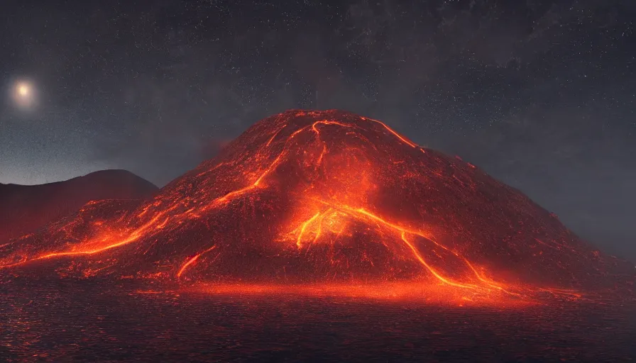 Prompt: volcano at night, island in front of the full moon, shimmering stars, moody atmosphere, glowing lava, water, unreal engine, realistic shading, realistic render, octane render, detailed textures, photorealistic, wide shot