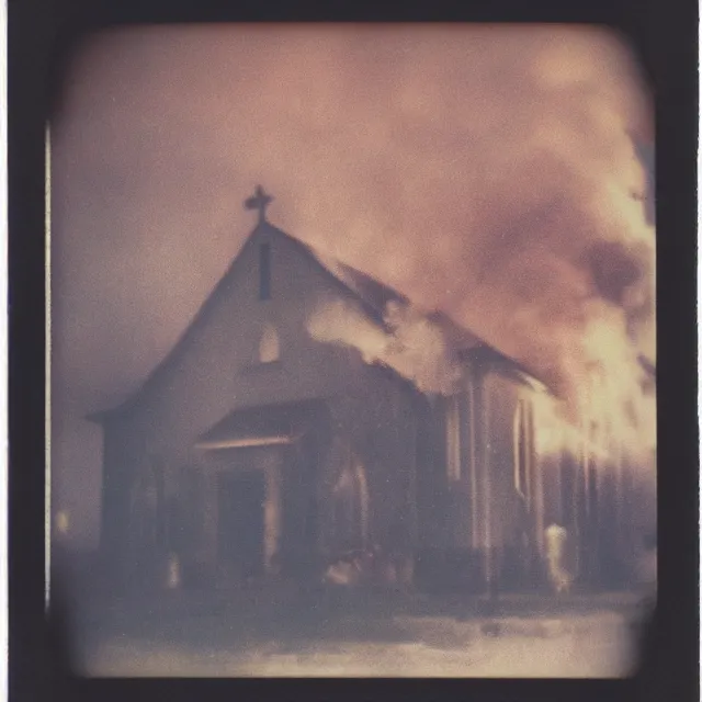 Image similar to very beautiful grainy and gritty polaroid photo of a church on fire