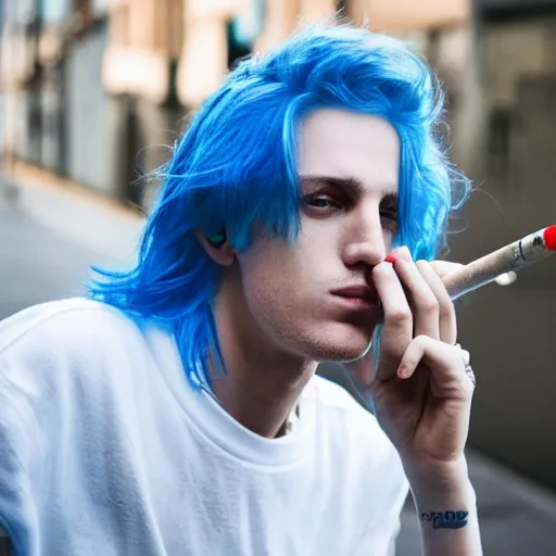 Image similar to a skinny white male singer with blue hair smoking a cigarette, tired eyes