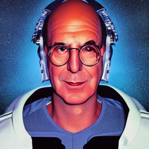 Image similar to celestial Larry David, facial portrait, retro-futuristic, legendary epic shot, 90s make-up, galaxy space hunter, cyber implants, wires, low angle, dawn, by syd mead , airbrush, science fantasy, 90s ad, concept art, realistic matte painting, Smooth gradients, octane render, 8k, High contrast, duo tone, depth of field, volumetric lightning, very coherent, symmetrical, skin pore detail