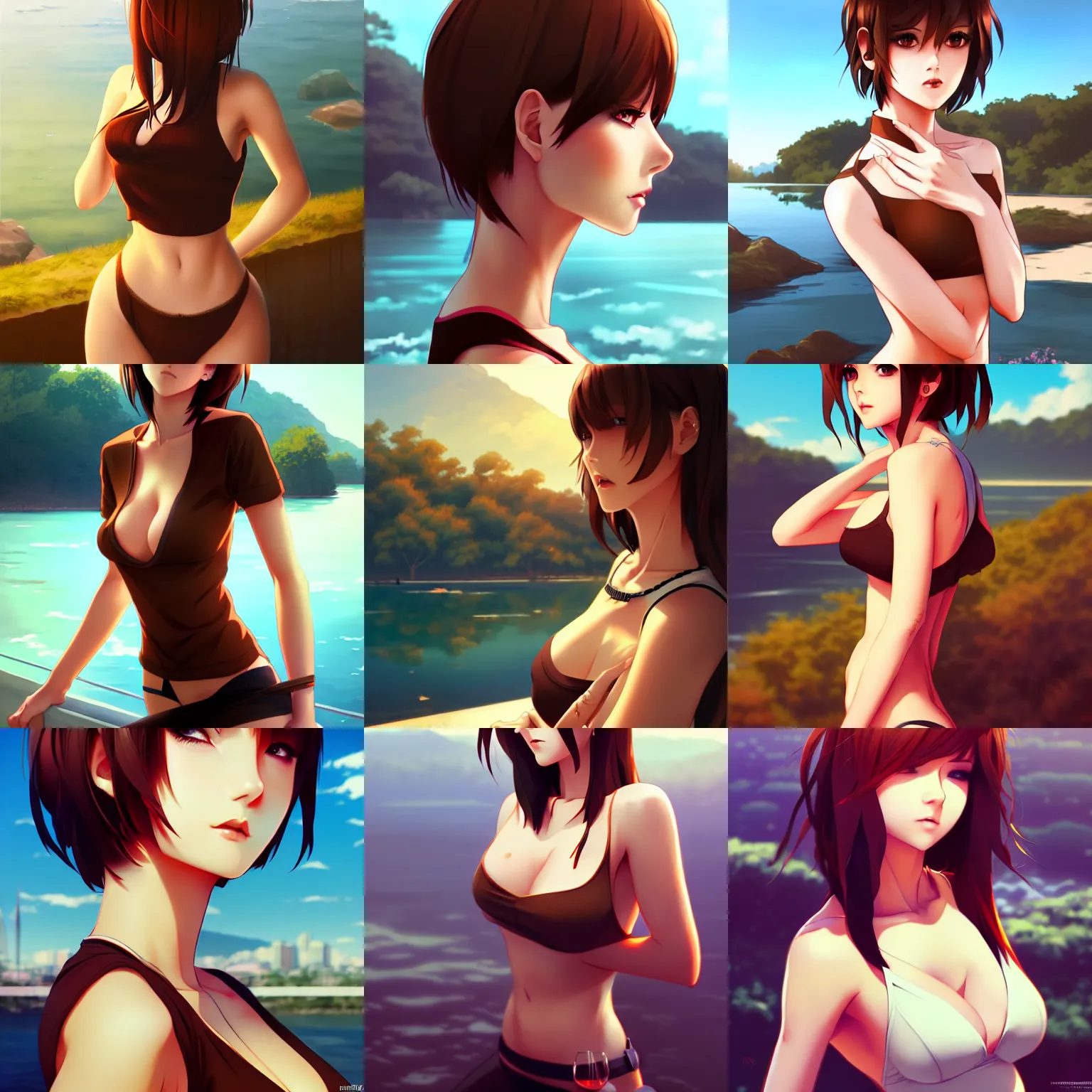 Prompt: sexy girl with brown hair a low cut shirt, scenic view of river, in the style of ilya kuvshinov and rossdraws and artgerm, high definition anime art, gorgeous, sexy, hot