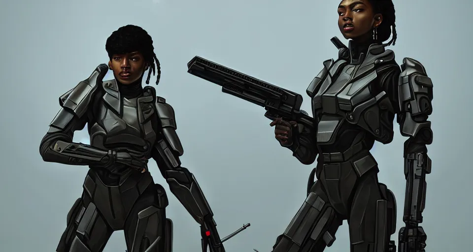 Image similar to a photorealistic painting of an attractive young ebony girl, clothed in stealth-battle armor with a giant sci-fi sniperrifle in her hands, a futuristic hover-tank with heavy laser-turret on the right, intricate details, elegant, digital painting, illustration, sharp focus, minimal artifacts, from Metal Gear, in the style of Ruan Jia and Mandy Jurgens and Greg Rutkowski, trending on Artstation, award winning, unreal engine, octane render