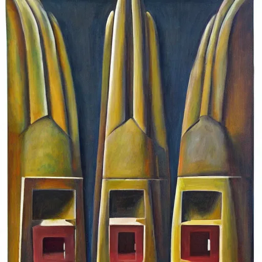 Image similar to three brutalist giant sacred robots visage, portrait, judge, cathedral, dystopian, pj crook, edward hopper, oil on canvas